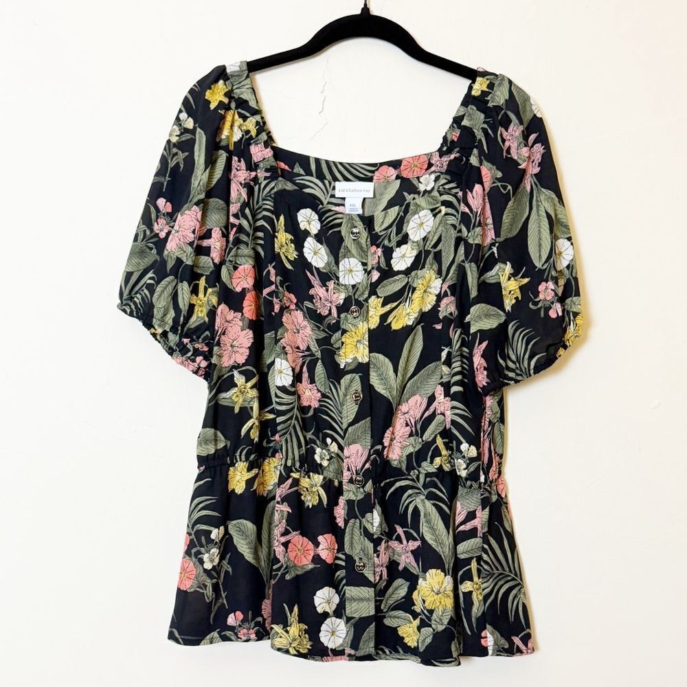 Liz Claiborne Tropical Floral Square Neck Blouse (XL Petite) Off the Shoulder